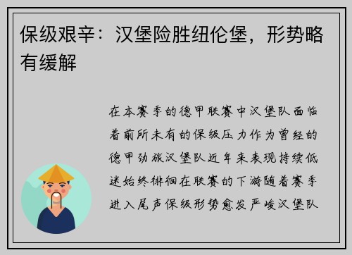 保级艰辛：汉堡险胜纽伦堡，形势略有缓解
