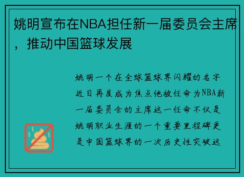 姚明宣布在NBA担任新一届委员会主席，推动中国篮球发展